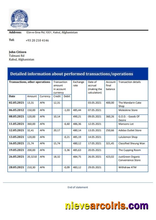 Afghanistan Da Afghanistan Bank Statement